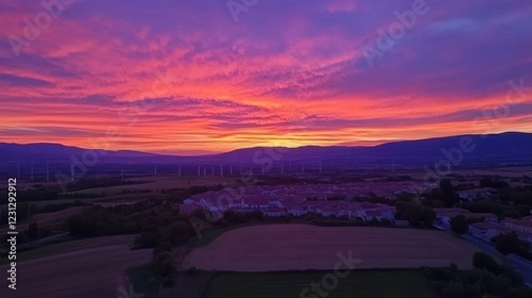 Fototapeta A vibrant sunset over a rural landscape, showcasing colorful skies and distant wind turbines.
