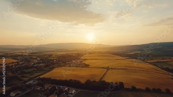 Fototapeta Aerial view of a serene landscape at sunset, showcasing fields and distant hills.