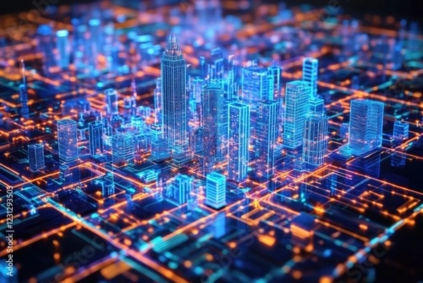 Fototapeta A digital twin of a city with real-time business analytics and simulations, powered by AI.