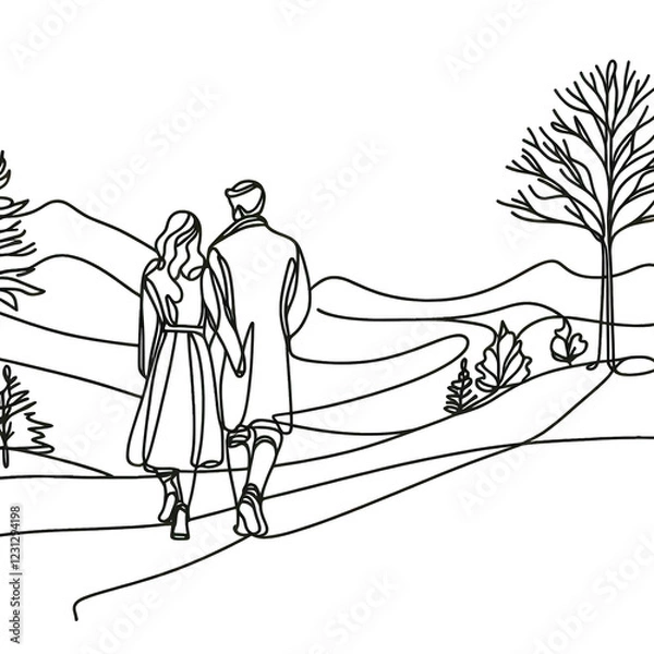 Fototapeta Couple walking hand in hand in a serene landscape
