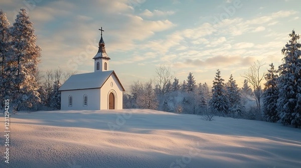 Obraz A Tranquil Winter Scene of a Small Church in the Snow