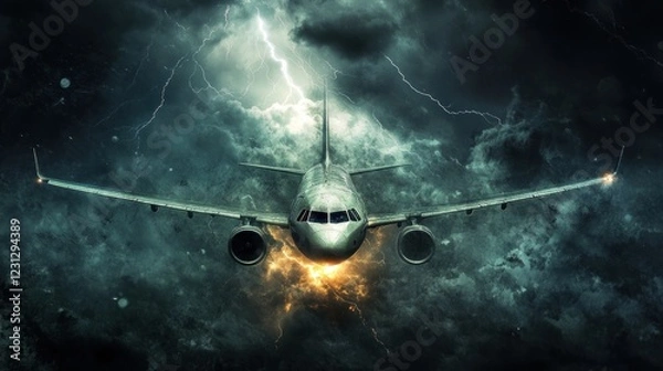 Fototapeta A dramatic airplane flying through a stormy sky with lightning and turbulence.