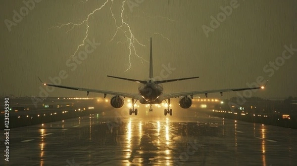Fototapeta A dramatic scene of an airplane landing during a thunderstorm with lightning in the background.