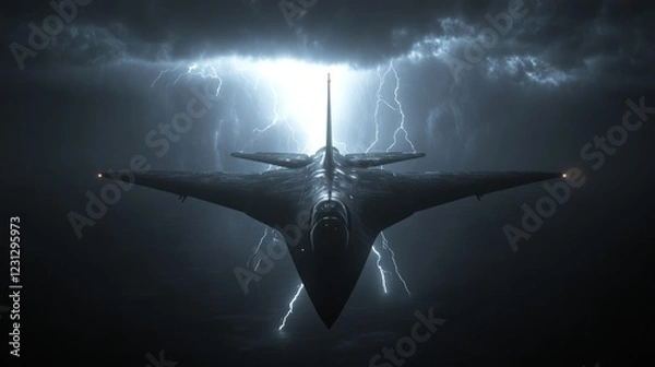 Fototapeta A sleek aircraft emerges from stormy skies, illuminated by lightning.