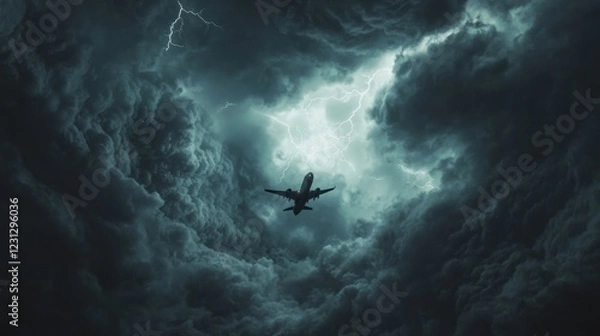Fototapeta An airplane flying through dark, stormy clouds illuminated by lightning.