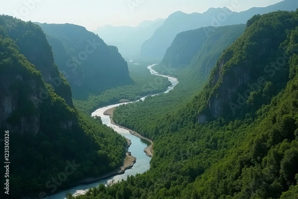 Fototapeta serene river flows through lush green valleys surrounded by mountains, creating picturesque landscape