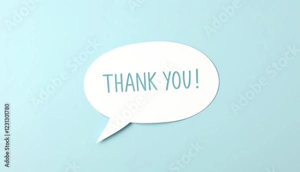 Obraz Thank you message for card, presentation, business. Expressing gratitude, acknowledgment and appreciation. Minimalist abstract design with white cut out paper on blue 