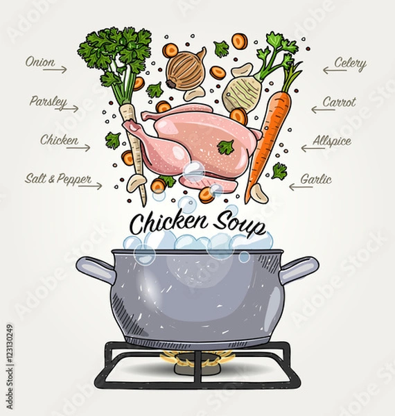 Fototapeta Vector Chicken Soup Ingredients Falling Down to Pot with Boiling Water