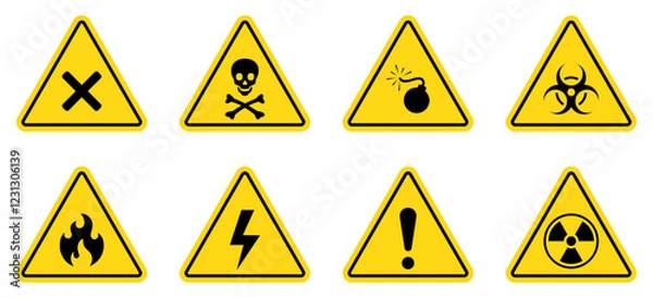 Obraz Set of danger, warning sign symbol. Poison, toxic, biohazard caution sign vector icons. Skull, chemical danger yellow triangle symbol element. Flat design. Vector illustration