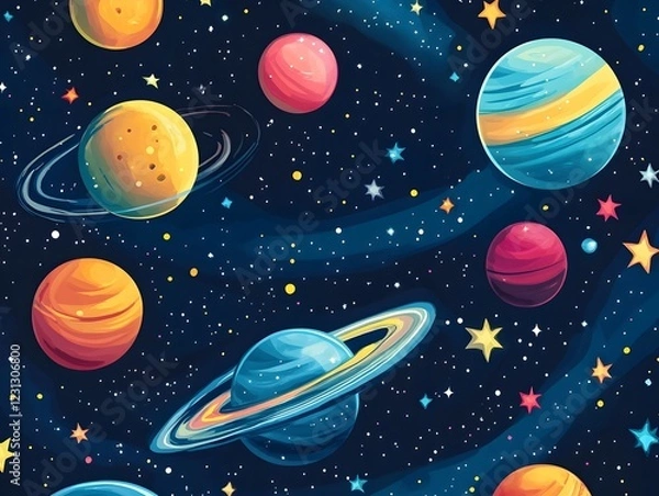 Fototapeta Seamless Colorful Glowing Space and Stars Pattern Background for Digital Art and Design