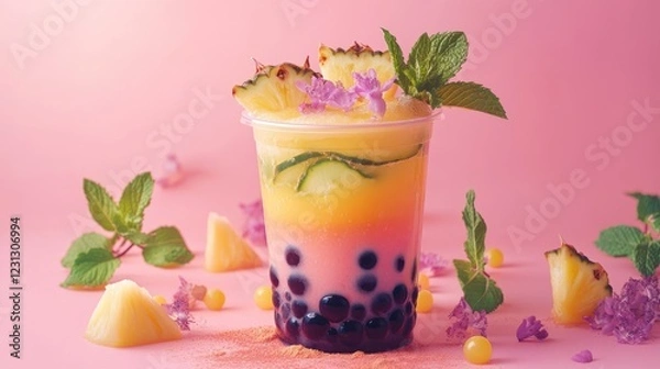 Fototapeta A vibrant layered drink with boba pearls, pineapple, cucumber and mint on a pink backdrop