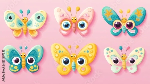 Fototapeta 41.A set of cheerful, smiling butterflies in a variety of vibrant colors, such as bright yellow, pink, blue, and green. Each butterfly has a cartoonish design, featuring oversized eyes and friendly