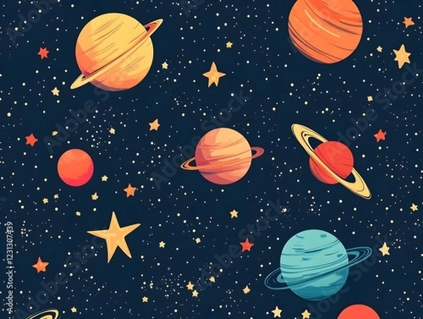 Fototapeta Seamless Cosmic Pattern with Vibrant Planets Stars and Celestial Bodies in Starry Night Sky