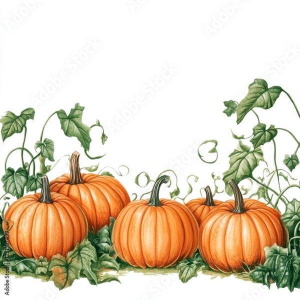 Obraz A painting of four pumpkins with green vines in the background