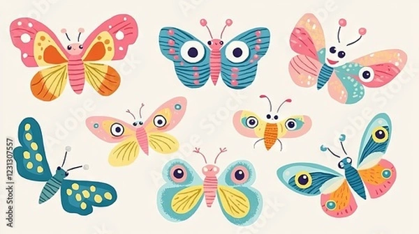 Fototapeta 46.A delightful collection of smiling, multicolored cartoon butterflies with exaggerated features, including large eyes and wide grins. The butterflies are illustrated in vibrant colors like pink,