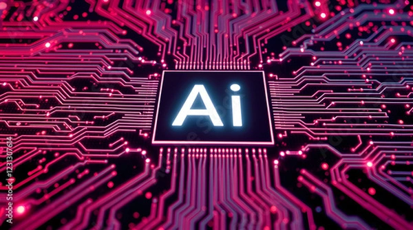 Fototapeta "AI" in a bright white square on a neon pink circuit board with glowing red lines 