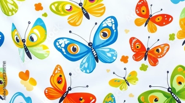 Fototapeta 49.A fun and colorful set of cartoon butterflies with exaggerated, friendly faces and bold, bright colors. The butterflies flutter across a clean, white background, perfect for playful party themes