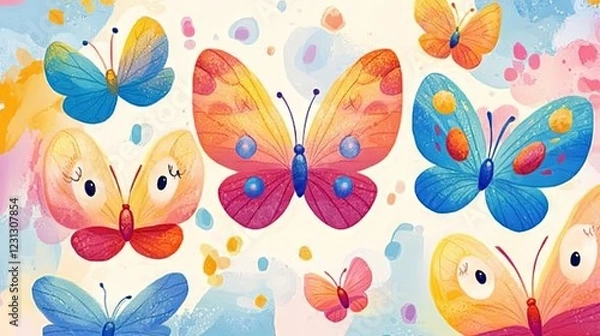 Fototapeta 50.A vibrant collection of smiling, multicolored cartoon butterflies, each one designed with a cute, friendly face and colorful wings. The butterflies are depicted in cheerful colors like pink, blue,