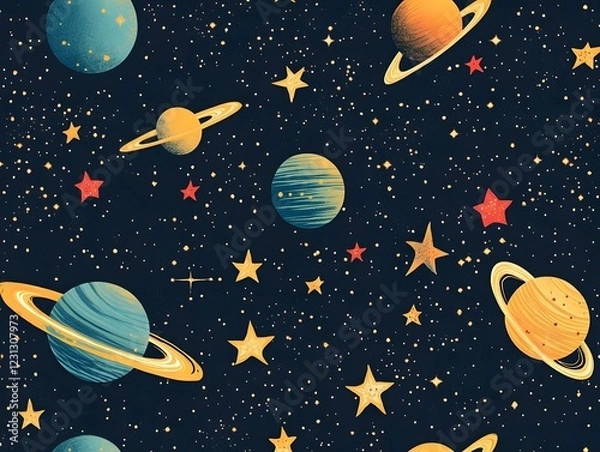 Obraz Seamless Cosmic Pattern with Planets Stars and Celestial Bodies in Dark Space Background