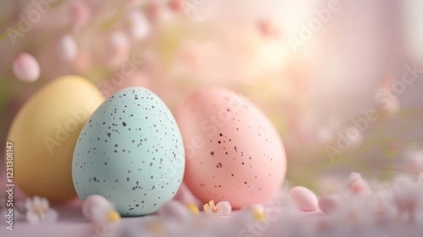 Obraz Pastel Speckled Easter Eggs with Spring Blossoms