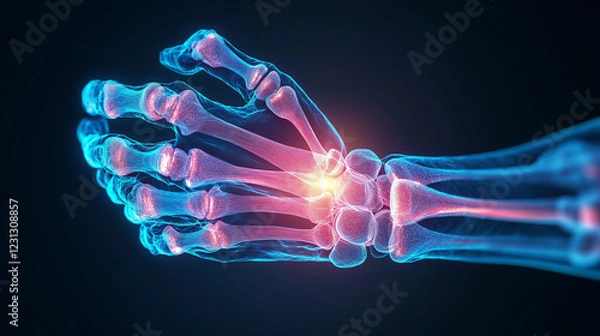 Fototapeta Detailed X-ray Visualization of a Human Hand Highlighting Bone Structure and Joint Pain Specifically in the Wrist Area