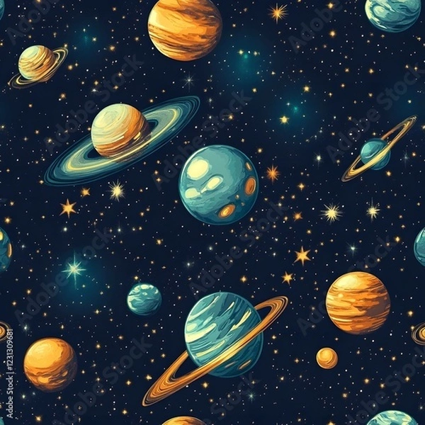 Fototapeta Seamless Space and Stars Pattern Background with Planets and Celestial Bodies