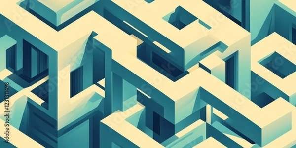 Fototapeta A complex abstract geometric pattern featuring a maze-like design in blue and beige tones, creating a 3D illusion.