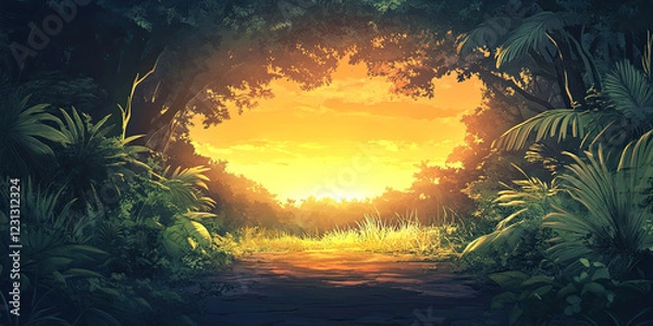 Fototapeta Anime cartoon style sunset forest, vibrant jungle backdrop, rainforest background, graphic resource