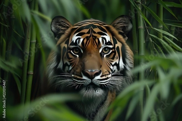 Fototapeta Tiger stripes emerging from a dense bamboo forest, with sharp contrasts between the dark stripes and the vibrant green leaves, evoking a sense of mystery and stealth