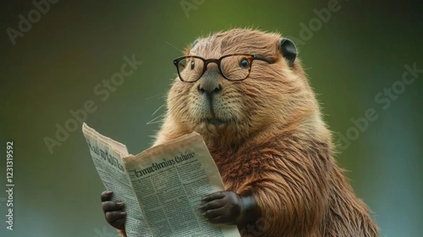 Fototapeta A beaver wearing glasses reads a newspaper, a whimsical and intelligent image.