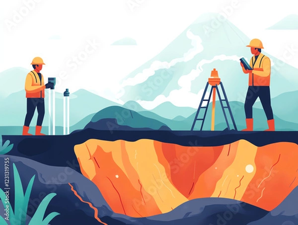 Fototapeta Scientists investigating geothermal activity in mountainous landscape, using equipment to analyze ground. scene captures essence of exploration and research in natural setting