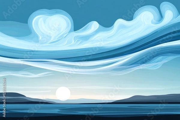 Fototapeta serene landscape featuring atmospheric layers with jet streams, showcasing tranquil sunset over calm body of water. soft blue hues and flowing clouds create peaceful ambiance