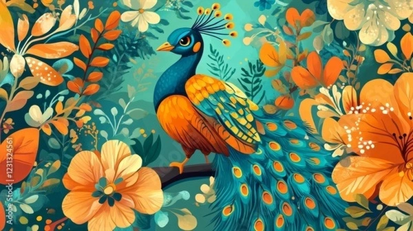 Obraz whimsical peacock design, elaborate floral background, turquoise and orange color scheme, stylized bird portrait, detailed plumage artwork, ornamental garden illustration, folk art style, magical