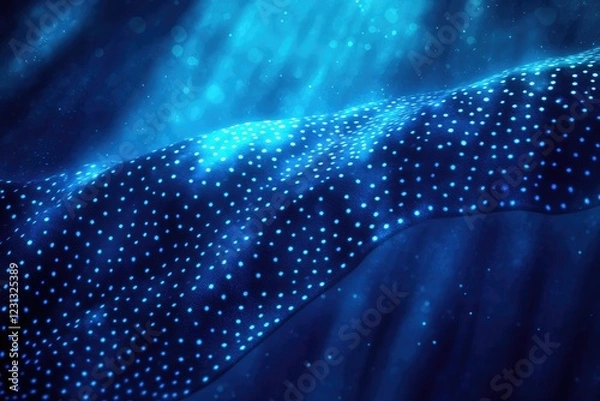 Fototapeta Whale shark skin with abstract underwater light effects, where the dark, spotted patterns blend with the deep blue hues of the ocean, creating a mesmerizing underwater vista