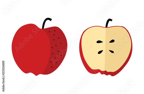 Obraz Red apple with seeds full and halved view. Flat doodle illustrations.