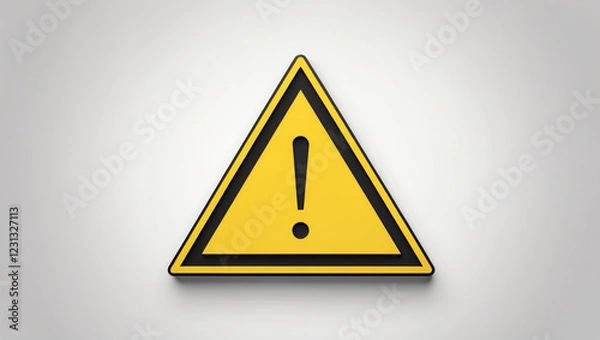 Fototapeta Warning Sign: a bold, bright yellow equilateral triangle with a prominent black exclamation mark centered within, outlined with a thin black border, set against a clean white background