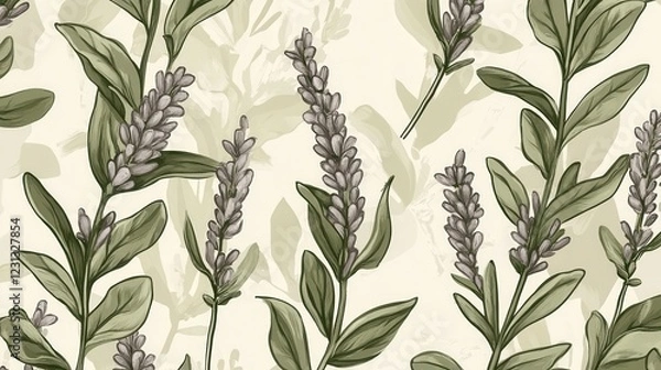 Fototapeta Hand-drawn lavender flowers in green and olive tones, botanical theme, transparent background, artistic design element for various uses