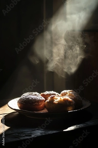 Fototapeta A plate of donuts sits on a wooden table, with steam rising from them