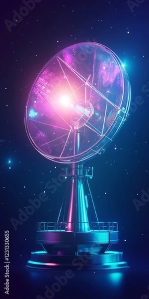 Fototapeta A futuristic satellite dish illuminated by neon lights, set against a starry night sky, capturing cosmic signals in a sci-fi inspired scene.