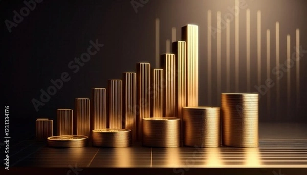 Fototapeta A sleek arrangement of golden coins and bars showcases a financial growth theme, with varying heights symbolizing increasing wealth.