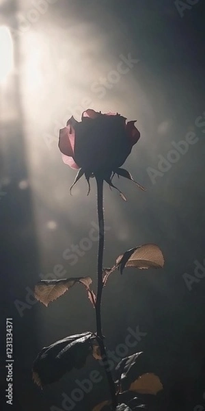 Fototapeta A rose is the main focus of the image, with its stem and leaves visible