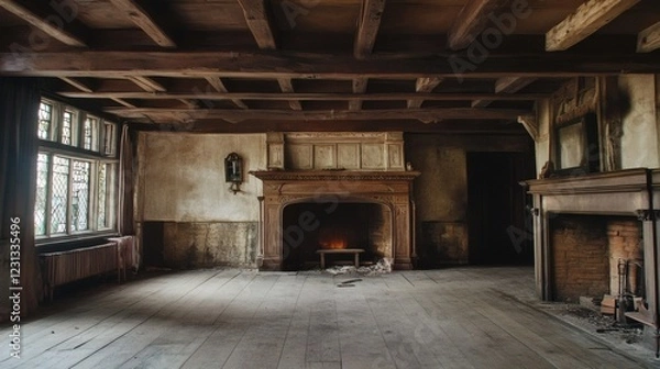 Fototapeta Abandoned Manor House Interior with Two Fireplaces and Large Window