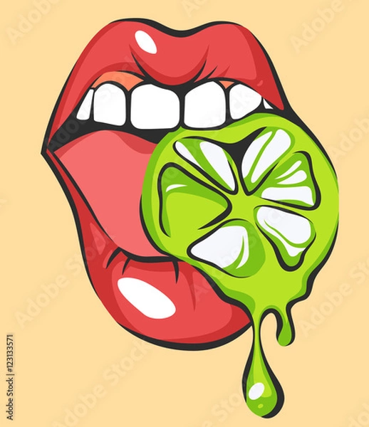 Obraz Sexy lips with juicy lime. Pop art mouth biting citrus. Close up view of cartoon girl eating fruit. Vector illustration