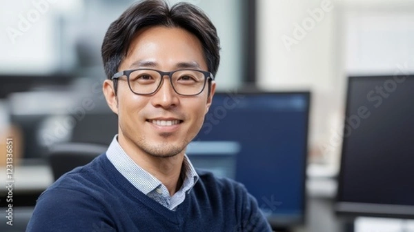 Fototapeta A smiling man with glasses in a modern office setting, representing professionalism and approachability.