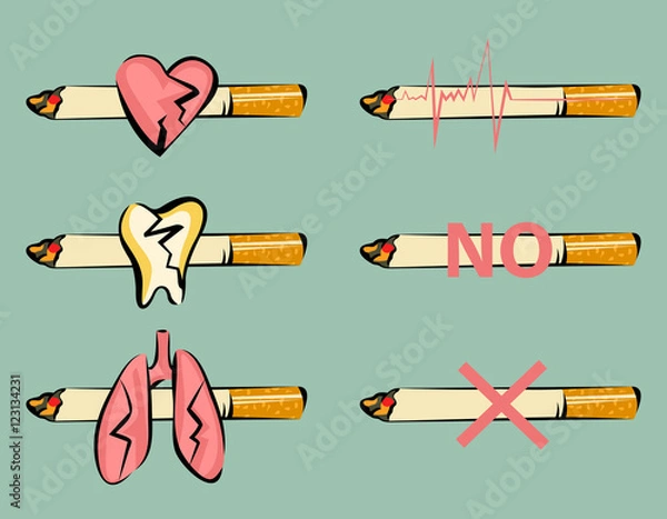 Obraz Set of smoking harm signs. Damaged heart, tooth and lungs. Cigarette and pulse icon. Retro cartoon style. Vector illustrations.