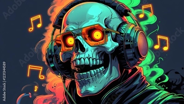 Fototapeta A vibrant, glowing skull wearing headphones and glasses, surrounded by musical notes and colorful smoke, against a dark background, creating a funky and edgy music-themed design.

