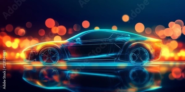Fototapeta A car is shown in a reflection on a road. The car is blue and black. The reflection is in the water