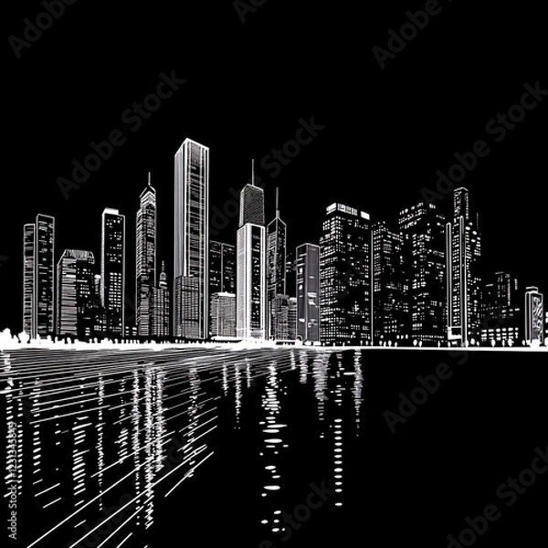 Fototapeta City skyline at night, architectural sketch, urban scene, reflection in water, possible use for wallpaper or print