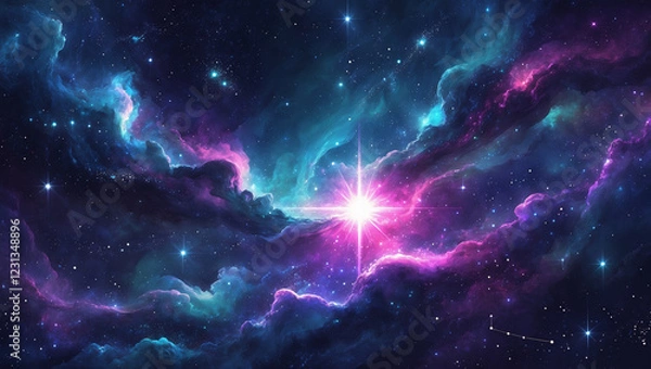 Fototapeta 宇宙的な星雲、輝く星、鮮やかな銀河、天体の光