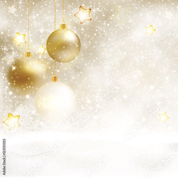 Fototapeta White golden Christmas background with baubles